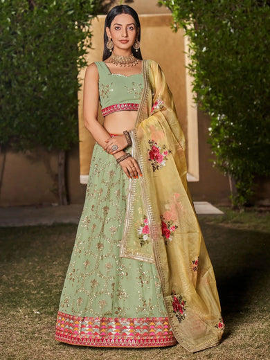 Incredible Pista Green Sequins Georgette Lehenga Choli With Dupatta